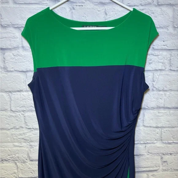 Lauren Ralph Lauren Dress Size 14 Navy Green Midi Ruched Sheath Classic Luxury - Picture 2 of 11